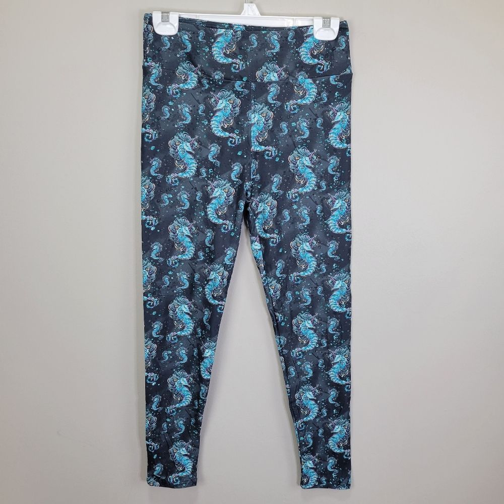 Turquoise Seahorse Print Polyester Spandex Blend Leggings One Size Fits All